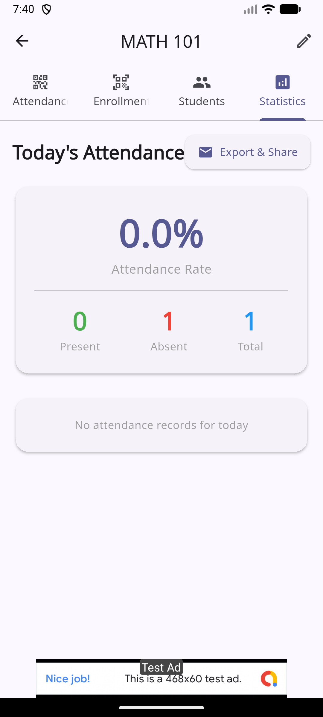 AttenQR teacher dashboard and stats